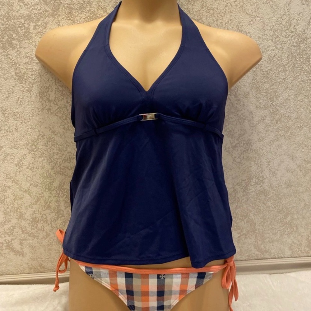 Motherhood Navy Halter Tankini with Orange-Trim Plaid Side-Tie Bottoms